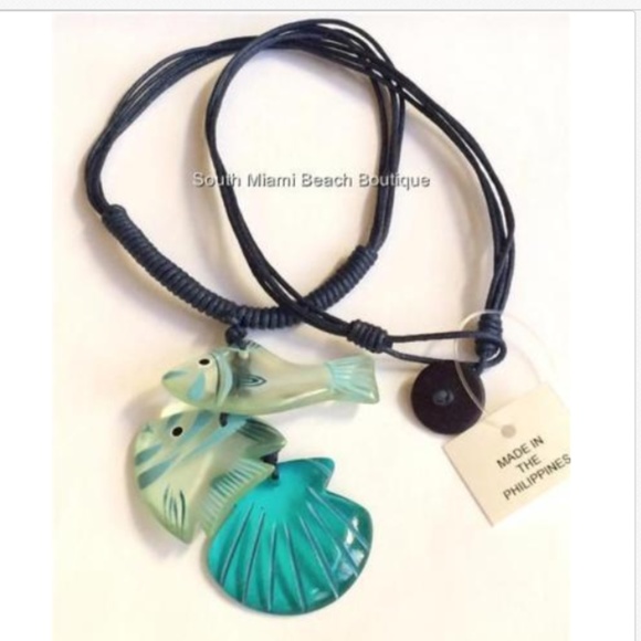 Sea Life Fish Shell Rope Necklace Surfer Island Blue Green Fair Trade 19" - Picture 4 of 8